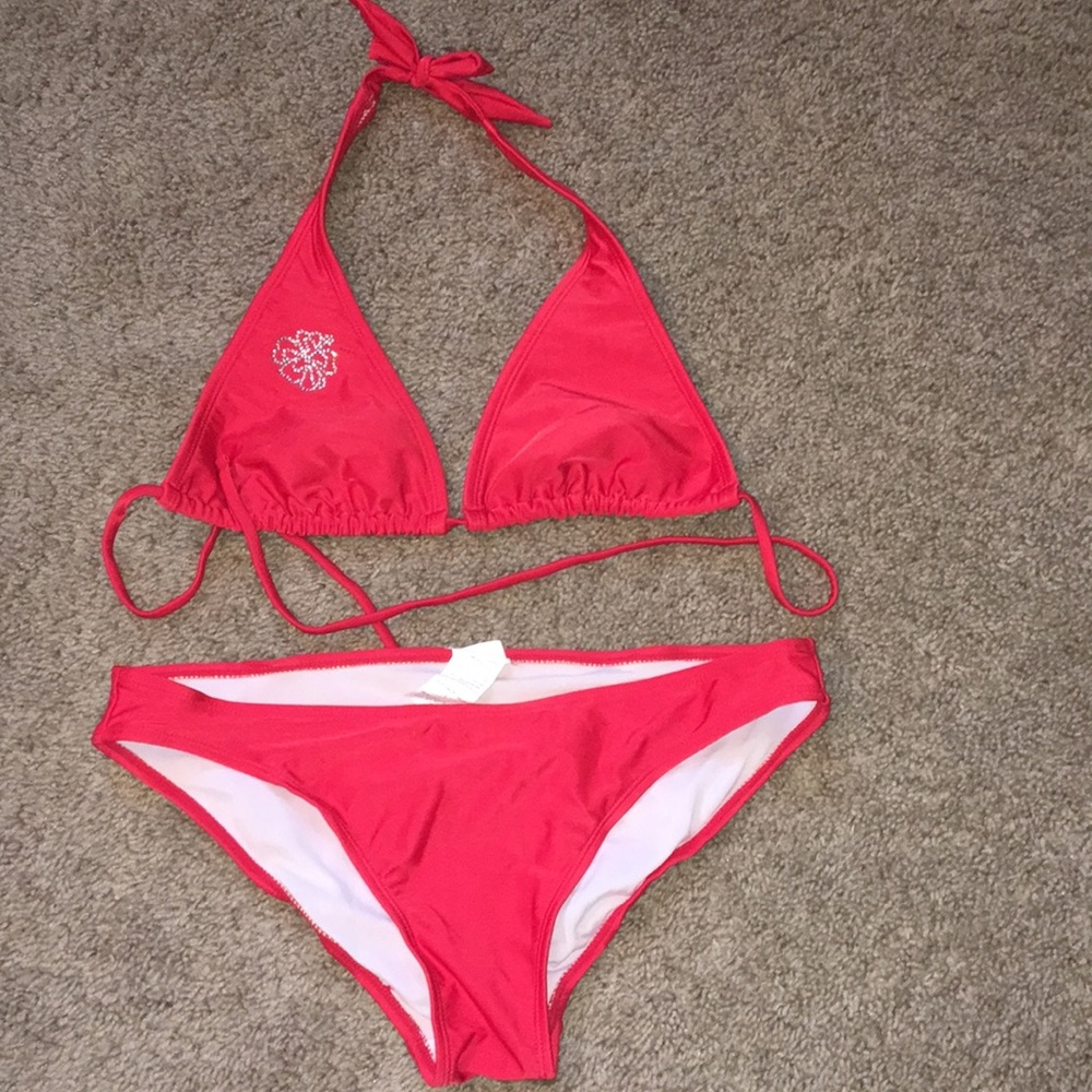 Hot water sz lge Red rhinestone embellished bikini